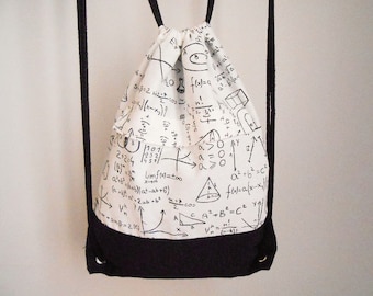 Maths backpack, geek backpack, zipper backpack, drawstring backpack pockets, equation fabric backpack, teacher gift, nerd gift, men backpack