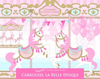 Carousel, Merry Go Round, Pink, Carousel Digital, Paris, Carrousel La Belle Epoque Clip Art - Instant Download - CA152