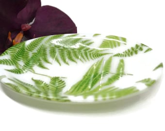 Botonical Soap Dish, Fused Glass, Fern Soap Dish, Spoon Rest, Sponge Holder, Trinket Dish, Green and White, Gardeners Gift