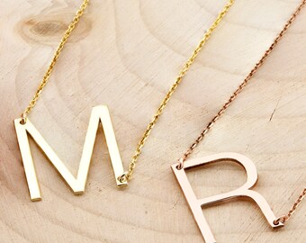Large Initial Necklace, Oversized Letter Alphabet Personalized Necklace,Sideways Initial Necklace, Silver Necklace, Silver, Gold, Rose, Gift