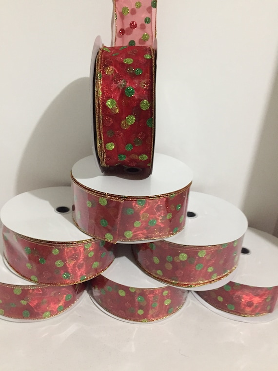 2.5/" WIRED CHRISTMAS RIBBON GREEN ORGANZA WITH RED,LIME,/& GOLD GLITTER TREES