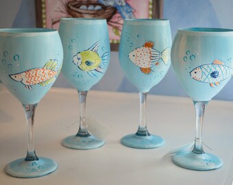 Hand Painted Whimsical Fish Wine Glass Set(4)