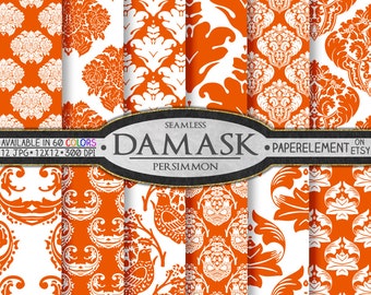 Persimmon Orange Damask Digital Paper Pack - Printable Scrapbook Paper Patterns - Instant Download