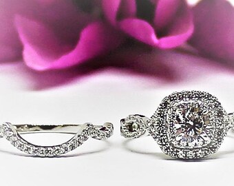 Wedding Ring set, Princess cut ring, Double Halo, Infinity pave band, Sterling,Princess cut, ring guard,BELLA