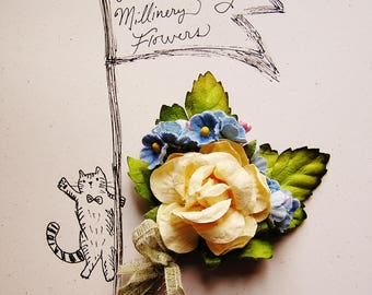 Vanilla custard blue forget me nots Roses Mixed bunch Vintage style Millinery Flower spray Bouquet corsage