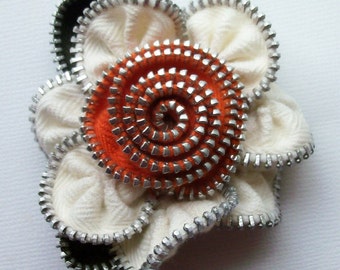 Warm White and Orange Floral Brooch / Zipper Pin by ZipPinning 2768