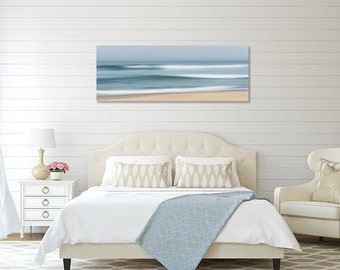 Coastal Wall Decor, Large Abstract Beach Canvas Wall Art, Ocean Seascape Print, Cape Cod Beach Canvas Panorama, Teal Blue Seafoam Tan Beige