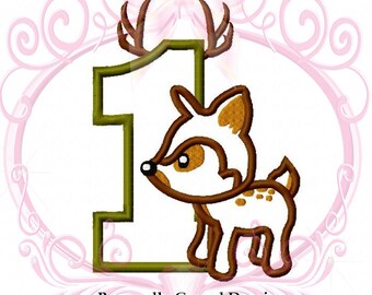Instant Download 1st Birthday Deer Buck Machine Applique Embroidery Design, 3 Sizes, 4x4, 5x7 Number with Antlers, Birthday Deer, Fawn