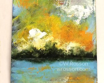 Colorful Sunset Painting, Original Painting, Landscape Painting, Winjimir, Home Decor, Office, Wall Art, Gift, Teal, Orange, Green, White