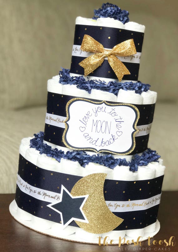 Moon Star Diaper Cake Navy Gold Boy Love You To The Moon and