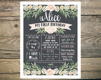First Birthday Chalkboard Sign Poster - Girl - Digital / Printable - Pastel Blush White Pink Green Peach floral watercolour