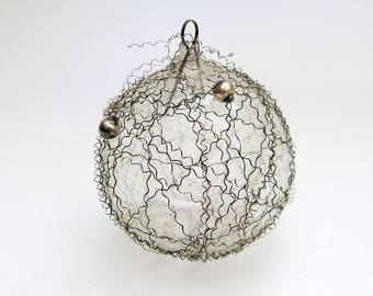 Vintage Glass Christmas Ornament/Feather Tree West Germany Crinkle Wire Bead Ornament/ Wired Round Ornament/ Wire Tinsel Ornament