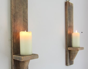 Pair rustic recycled pallet wood wall sconce LED candle holders