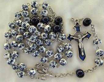 Porcelain Blue and White Floral Rosary 8mm