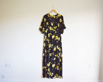 vintage 1990s black and yellow floral summer maxi dress