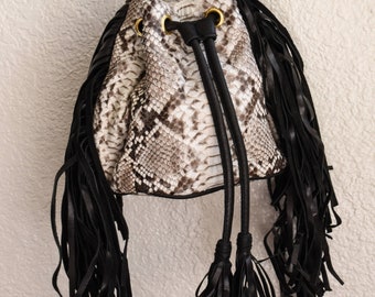 Snake Fringe Leather Bag Purse Python Black white Leather Fringe Bag Snake skin Purse Leather Fringe Purse Leather Bag Snake Skin Bag Vedora