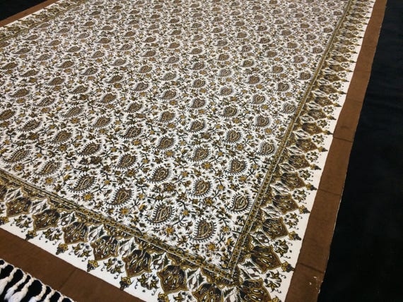 60 x 39 inches Rectangle brown tablecloth, hand printed paisley cotton tapestry art , wall decor, natural dyes with tassels