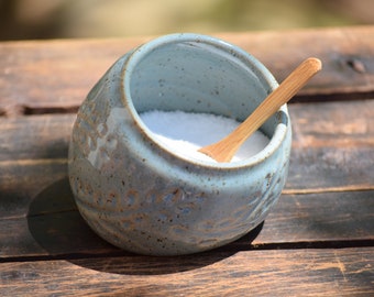 stoneware salt pig / salt cellar with small spoon