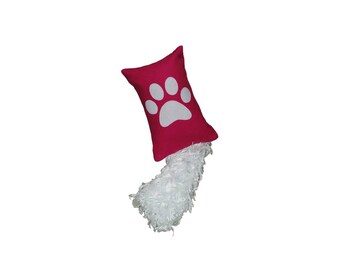 DARK PINK Dog Toy with 2 Squeakers and Faux Fur Tail // Medium Sized Dog Toy // Pink Pawprint Squeaker Toy
