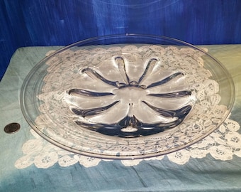 Large Glass Serving Platter 14 inch Solid Clear Molded Glass Plate 1970s Tableware