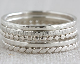 Set of Five Sterling Silver Textured Stack Rings