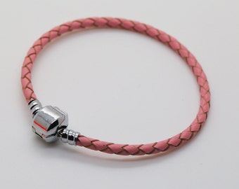 Pink Leather Bracelet, European Charm Leather Bracelet, Leather Bracelet.