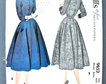 Uncut Vintage McCall's 9852 1950s Dress Printed Pattern Fitted Bodice Full Skirt 50s Sewing Bust 30 inches