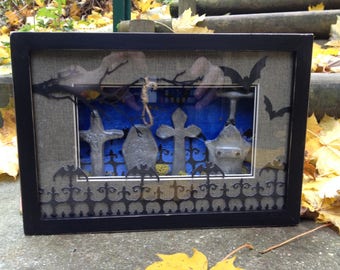 3D cemetery stone tombstones, bats, Gothic frame