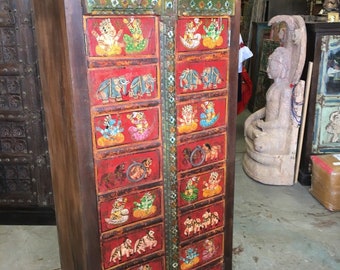 Vintage Indian Rustic Antique Hand painted Ganesha Bohemian Cabinet Armoire Traditional Indian boho Country Chic Doors