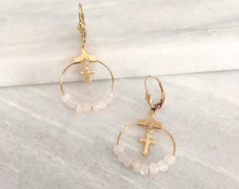 Hoop earrings, Moonstone or onyx beads