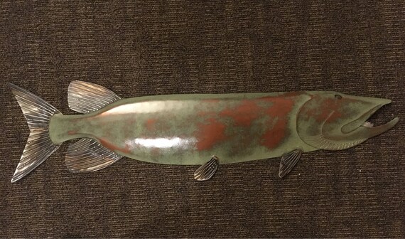 Musky / Pike Metal Handmade Wall Sculpture 48in Long Lodge Cottage Lake Cabin Art Green