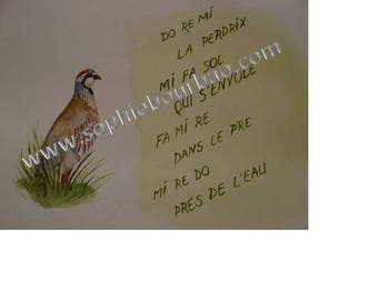 Nursery rhyme children Do Re Mi Partridge watercolor on paper