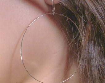 Large Silver Hoop Earrings / Large Hammered Dangle Hoops / Argentium Sterling Silver Hoops / Simple Classic Handmade Light and Lovely