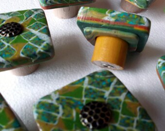 Furniture buttons, green, ochre, turquoise and light grey, Brad honeycomb