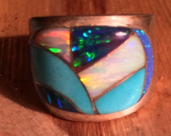 Vintage Native American Inlay Ring Signed RL - Size 9 1/4