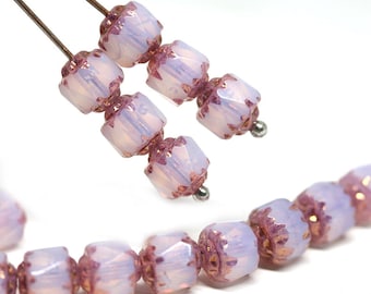 6mm Opal Lilac Cathedral czech glass beads Copper ends Milky Pink Purple fire polished round beads 20Pc - 0395