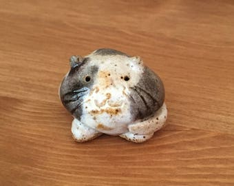 Vintage Miniature Stoneware Cat Figurine Handmade Found Art Calico Feline Round Kitten Found Object Handcrafted Pottery