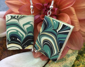 Book Earrings with Hand-marbled Paper (turquoise wave pattern)