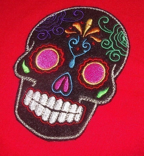 Day of the Dead, Sugar Skull EMBROIDERED black multi pink eyes Dia de los Muertos patch