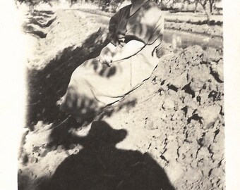 Vintage Snapshot "She's Not Afraid" Scary Shadow Of Photographer Man With Hat Old Black & White Photo Found Vernacular Photo