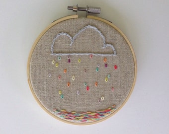 Rainbow Cloud and Rain Embroidery Hoop 4inch Embroidery Hoop Clouds and Rain Hoop Art Under 25 Gift Children's Room Art Embroidery Hoop Art