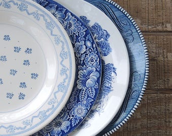 Mismatched Blue and White Dinner Plates for Weddings Set of 4 Mix and Match Blue Transferware Plates, Rustic Replacement China