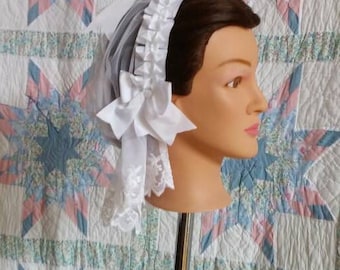 Embroidered Net and Folded Ribbon Trimmed White Net Daycap