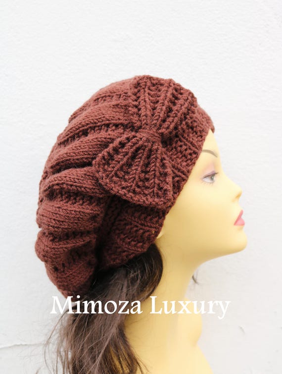 Chocolate Brown Woman Hand Knitted Hat with Bow, Brown Beret hat with bow, brown knit hat, slouchy knit women's hat with bow, winter hat
