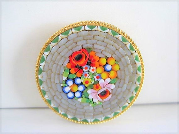 Floral Mosaic Brooch, Signed Italy, Mosaic Brooch, Gold Tone Setting
