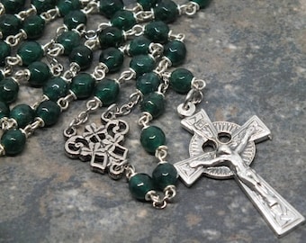 Gemstone Rosary of Dark Green Agate; Celtic Rosary; 5 Decade Rosary; Shamrock Rosary; Catholic Rosary; Ornate Rosary