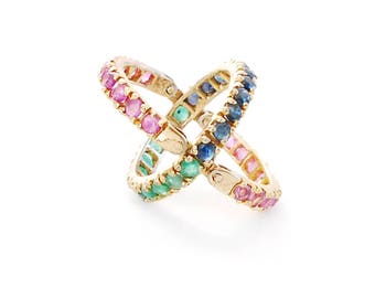 Sterling Silver Flip Ring, Gold Overlay, Emerald Green, Ruby Red, Sapphire Blue Colored Gemstones, Size 6, Estate Jewelry, Stacking