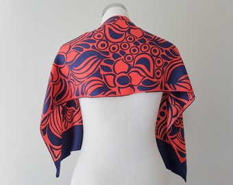 Beautiful vintage silk scarf in red with blue pattern