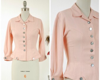 Vintage 1950s Jacket - Smart Pink Linen New Look Early 50s Jacket or Blouse with Nipped Waist and Flared Hips