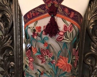 Handmade Vintage Boho Top. UK Size 8-10. Vintage Embroidered mesh with Antique Braiding and Beaded trim. Autumnal colours-